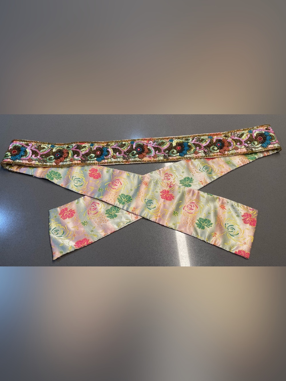 Floral Satin Tie Belt with Multicolor Embroidered Trim